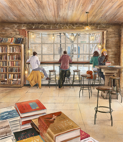 The bookstore architecture art books building cafe city design editorial illustration interior procreate