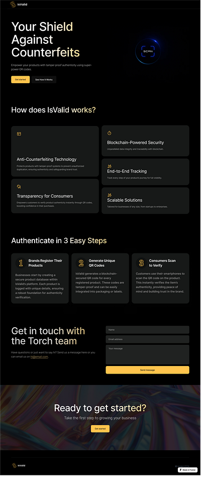 IsValid - Anti-Counterfeiting Platform Website Design animation anticounterfeit darkthemedesign framer framerdesign landing page minimaldesign motion graphics responsivewebdesign ui ui design uiux userexperience webinterface websitedesign webui