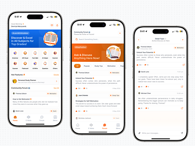 Education & Community 📱 app clean community course design discussion education education app elearning forum learning learning app platform post reddit saas thread ui white