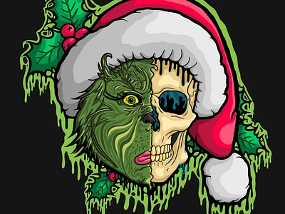 Drippy Grinch Skull Drawing christmas design drawing drippy drippy art grinch grinch art grinch face grinch skull grinchmas holly illustration procreate santa hat scary art skull skull art spooky art spooky season spooky szn