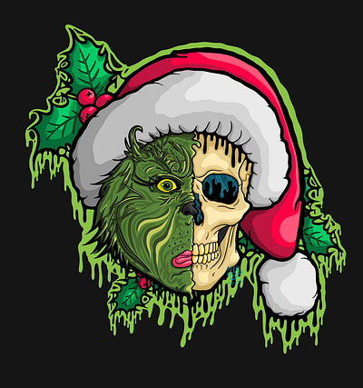 Drippy Grinch Skull Drawing christmas design drawing drippy drippy art grinch grinch art grinch face grinch skull grinchmas holly illustration procreate santa hat scary art skull skull art spooky art spooky season spooky szn