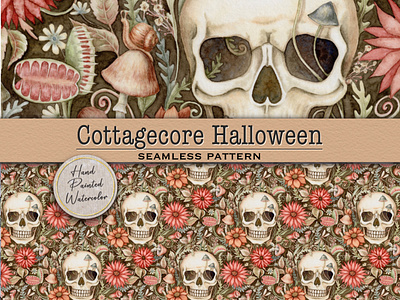 Cottagecore Halloween Watercolor Seamless Pattern botanical carnivorous plant cottagecore deadly detailed earth tone floral halloween hand drawn hand painted human skull illustration mushrooms muted colors pattern design product design psychedelic realistic seamless pattern watercolor