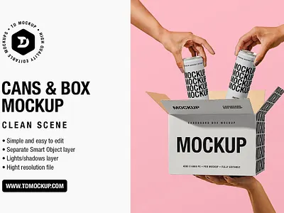 Cans and a Box - Mockup 2 cans beer cans cardboard box clean drink energy can female hands fully editable holding mockup juice mockup playful soda can mockup templates for instagram tin can mockup trendy
