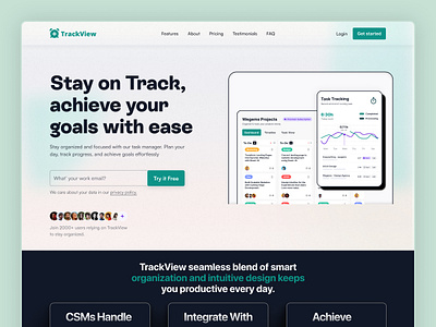 Web Design Landing Page - TrackView (Hero Section) branding creative design crm crm template dashboard design goal hero landing page minimalui responsivedesign saas startup task manager track ui uiux ux web design website design