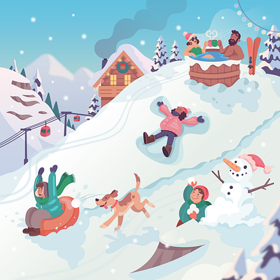 Winter Snow Day cabin fun hottub illustration play ski sled snow snowangel snowman vector winter