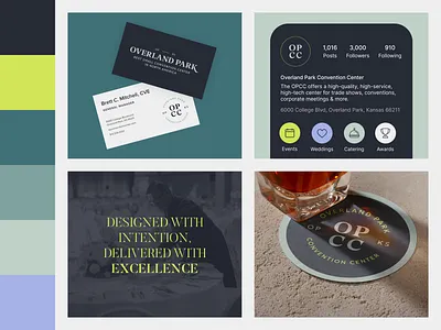 Overland Park Convention Center - Brand Standards brand brand standards brand system branding business cards citron coaster color palette convention center events identity kansas city logo logo mark overland park rebrand serif trade show typography wordmark