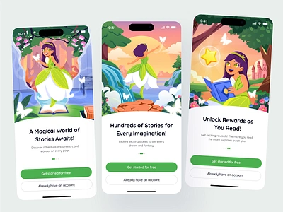 Onboarding Design for Luma - Story Reading App appdesign apponboarding childrenapp color full design creativeui designforkids illustrations magicaldesign mobileappdesign playfull design readingapp storyapp ui design uiinspiration ux design