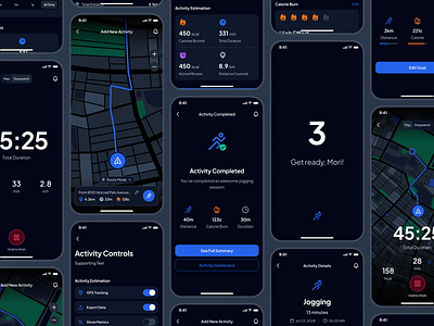 asklepios v2: AI Health Assistant App - Jogging Activity UIUX activity app activity ui ai health assistant ai health companion ai healthcare app blue clean dark mode digital health app health tracker app healthcare app healthcare ui kit jogging app map ui minimal mobile app modern virtual care wellness app wellness ui kit