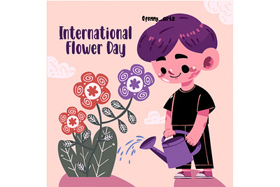 International Flower Day with Cute Man activity botanical care celebration children creative day eco flower garden gardening green kids nature outdoor planting plants seasonal spring watering