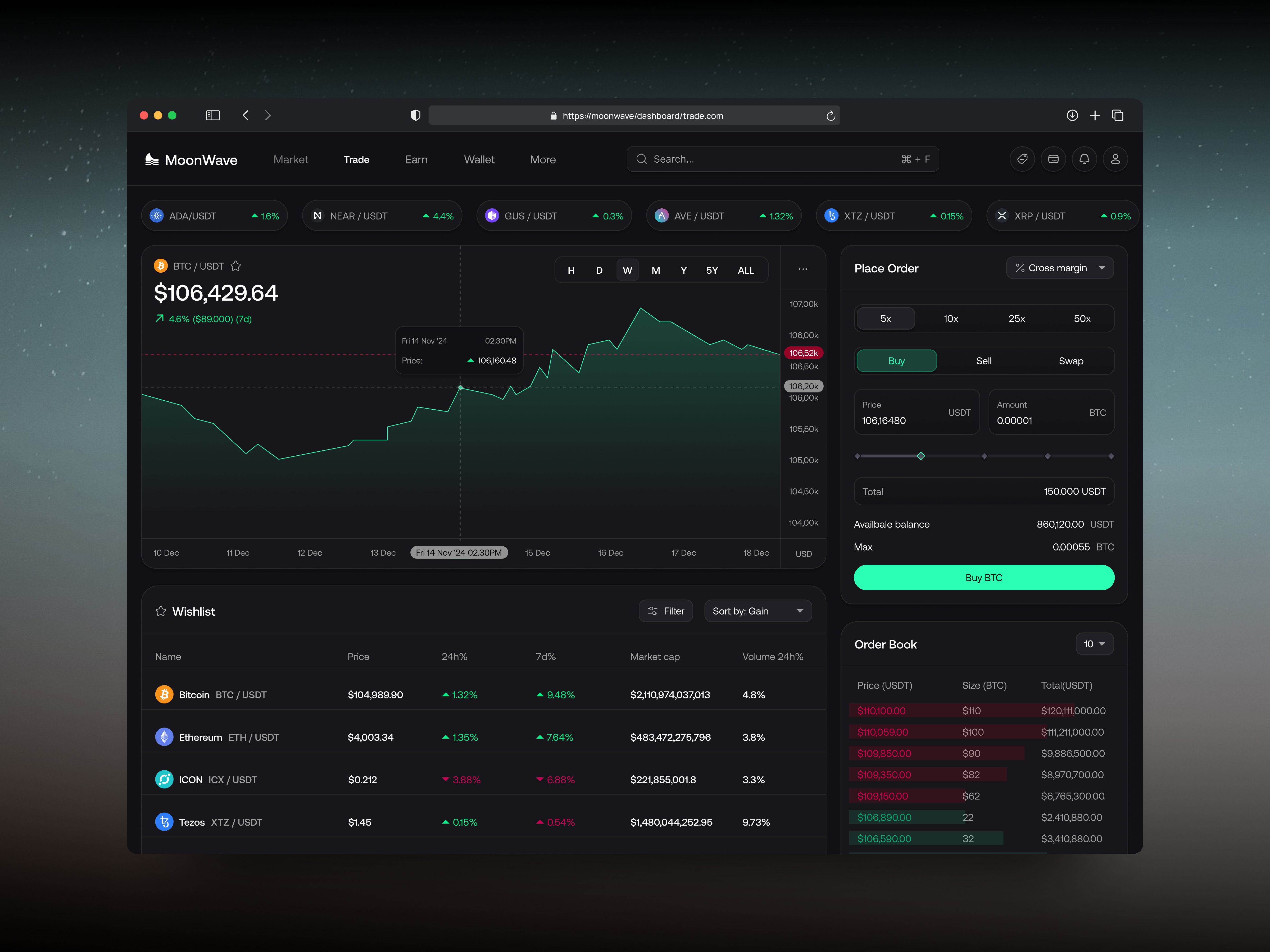 Moon Wave - Dashboard Crypto Wallet bitcoin card clean concept crypto crypto currency crypto wallet crypto website cryptocurrency dashboard design ethereum exchange finance financial app solana ui uiux ux wallet