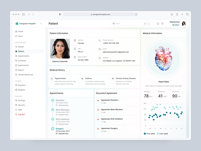 Evergreen Hospital - Dashboard appointemnt calendar card chart clean diagram doctor glass dashboard graphic health dashboard heart rate hospital hospital dashboard logo managment dashboard medical medical care meeting schedule patient monitoring statistic