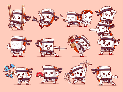 Sushi Ninja🍣🗡️ branding cartoon character cute doodle fight fish flat food icon illustration japan logo ninja rice salmon samurai sushi sword warrior