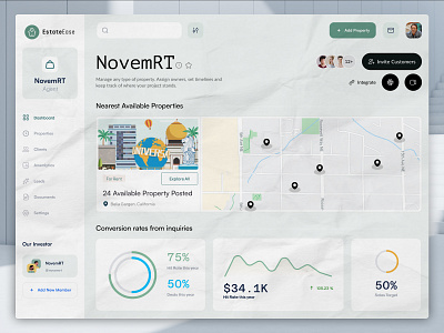 Real Estate CRM Dashboard UI UX Design | SaaS Product clean ui design crm software customer management data visualization holelore map minimal interface modern dashboard design property analytics property management real estate agent real estate crm real estate tech rent saas design team collaboration ui ux design