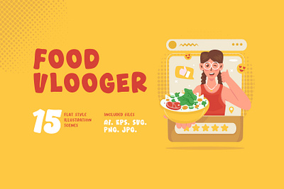 Food Vlogger Illustrations cartoon character content creator culinary design flat food review food vlogger graphic design illustration set ui vector