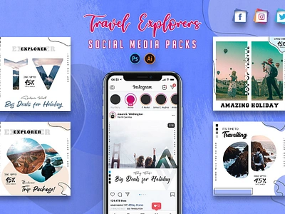 Travel Explorers Social Media Packs banner elegant explorers facebook ad template facebook ads facebook cover feeds instagrampost instagramstory instastories mockup poster products social media packs socialmedia travel vlog