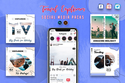 Travel Explorers Social Media Packs banner elegant explorers facebook ad template facebook ads facebook cover feeds instagrampost instagramstory instastories mockup poster products social media packs socialmedia travel vlog