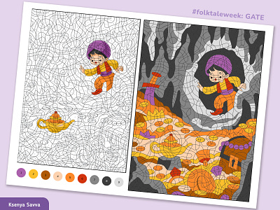 Color by numbers: Aladdin in the Treasure Cave adobe illustrator aladdin cartoon cave character children color by numbers coloring book coloring page design fairy tale fantasy for kids genie illustration magic lamp treasure vector