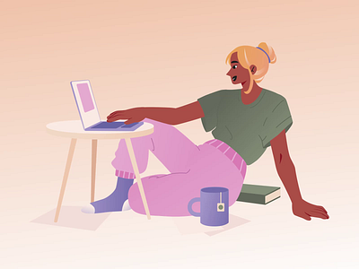 Woman sitting on the floor working remotely with laptop 2d after effects animation blogging business character animation character design coffee table digital nomad employee freelance illustration motion graphics mug realistic remote work woman work working on laptop