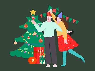 Merry Christmas celebrate character christmas couple enjoy firends gifts graphic happy holiday il illustration party tree vector