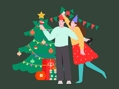 Merry Christmas celebrate character christmas couple enjoy firends gifts graphic happy holiday il illustration party tree vector