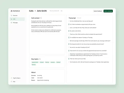 AI Call Center for Dental Clinics - Transcript page ai aiplatform app callcenter design ui ux webapp webdesign
