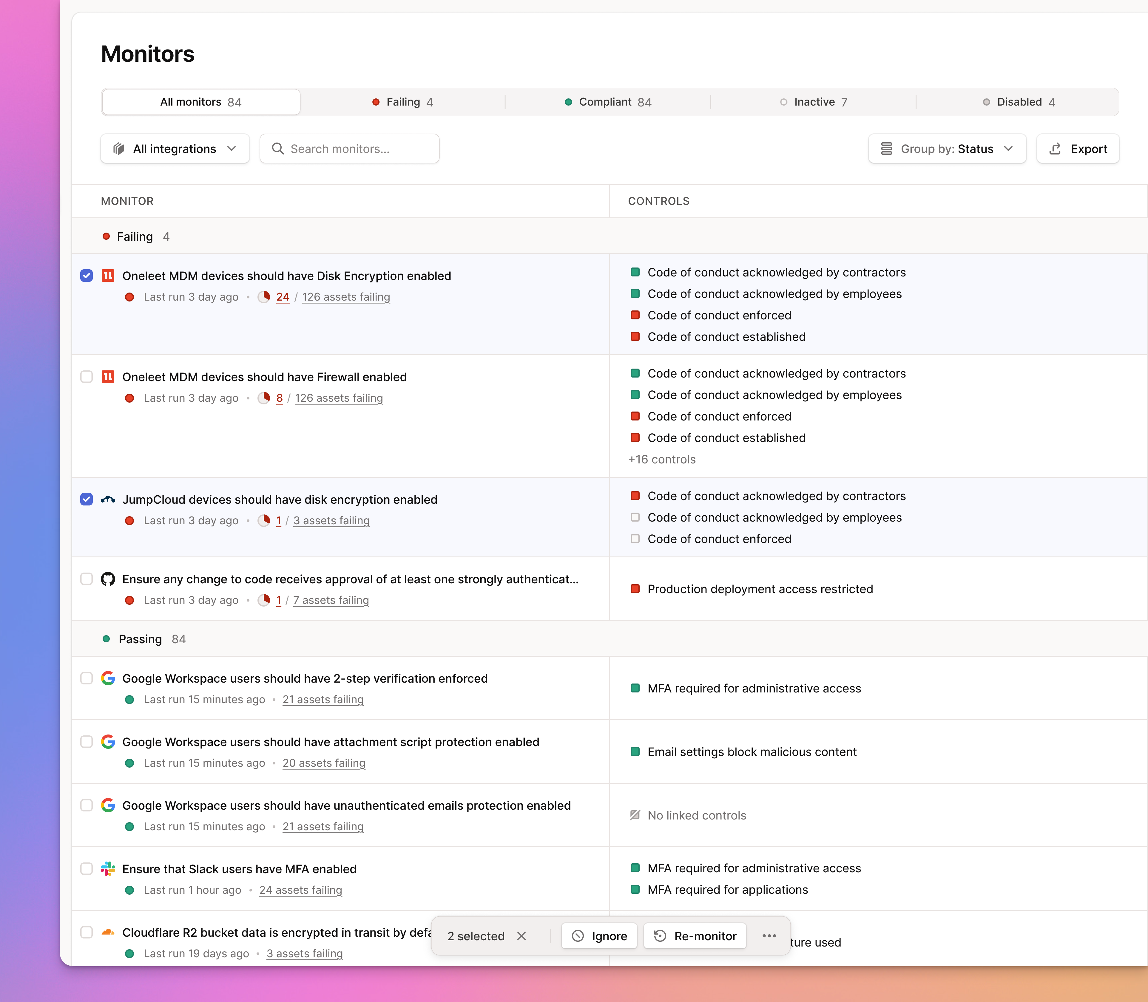 Monitor Table - Bulk Actions Toolbar bulk bulk actions button checkbox compliance figma gradient list minimal multi select oneleet product design saas table ui web