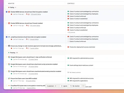 Monitor Table - Bulk Actions Toolbar bulk bulk actions button checkbox compliance figma gradient list minimal multi select oneleet product design saas table ui web