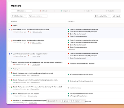 Monitor Table - Bulk Actions Toolbar bulk bulk actions button checkbox compliance figma gradient list minimal multi select oneleet product design saas table ui web