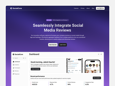 SocialCore - Hero Section clean dashboard landing page product design purple purple website saas saas dashboard saas landing page saas website ui