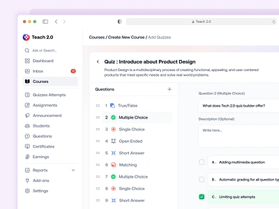 Creating a New Quiz in SaaS LMS course creation education education management system learning learning management system lms product design quiz quiz creation saas ui ux web app