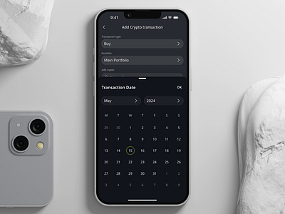 Investment Tracking App | Transaction Form Calendar appdesign banking cleandesign crypto daily ui dark mode designinspiration financetech fintech app interactiondesign investmentapp investments minimaldesign mobileapp transactions ui ui trends ux