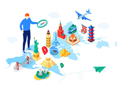 Travel Destinations america asia compass destination europe flat design illustration landmark map place travel traveling