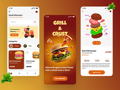 Grill & Crust Food Ordering App branding burger app design figma food graphic design landing page mobile app photoshop pizza typography ui ux