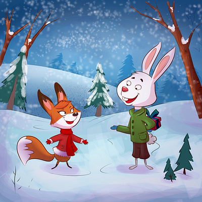 Christmas in the forest cartoon character design childrens book digital art illustration