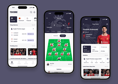 Tocore - Sport Live Score Mobile App app app design branding design esport football graphic design ios league live score mobile mobile design player score soccer sport ui ui design uiux