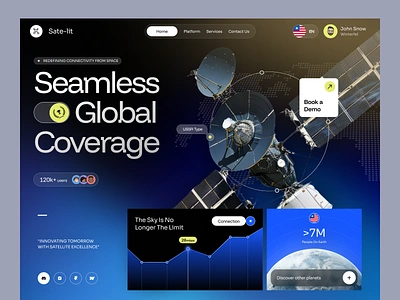 Sate-lit - Space Satellite 3d branding dark mode design glow graphic design hero hero image home page illustration landing page satellite space ui uidesign user experience userinterface ux