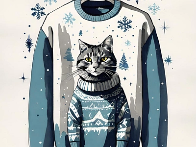 An ugly sweater of a cat wearing an ugly sweater. cat christas festive holiday illustration kitty sweater ugly ugly sweater watercolor xmas