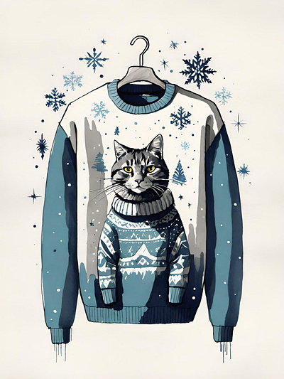 An ugly sweater of a cat wearing an ugly sweater. cat christas festive holiday illustration kitty sweater ugly ugly sweater watercolor xmas