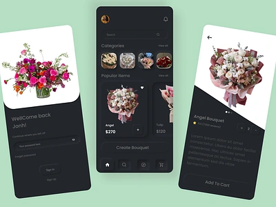 "Neumorphic Flower Shop App Design - Dark Mode Delight" appprototype creativeui darkmodedesign darktheme ecommerceui elegantdesign flowerapp flowershopapp minimalistdesign mobileappdesign mobileinterface mobileux moderndesig neumorphicui neumorphism shoppingappdesign smoothui uiinteraction userexperience uxuidesign