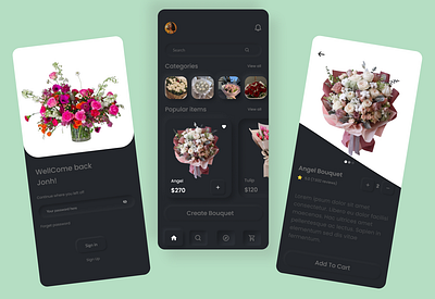 "Neumorphic Flower Shop App Design - Dark Mode Delight" appprototype creativeui darkmodedesign darktheme ecommerceui elegantdesign flowerapp flowershopapp minimalistdesign mobileappdesign mobileinterface mobileux moderndesig neumorphicui neumorphism shoppingappdesign smoothui uiinteraction userexperience uxuidesign