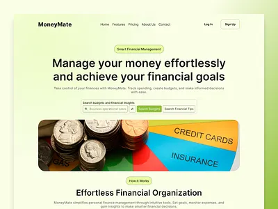 MoneyMate Web Design – Smart Financial Management budgeting tool clean design clean layout digital design finance tracker financial management financial website landing page minimalist design modern web design responsive design ui uiux design user experience user experience design ux web design