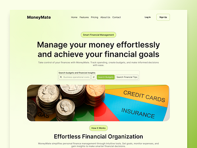 MoneyMate Web Design – Smart Financial Management budgeting tool clean design clean layout digital design finance tracker financial management financial website landing page minimalist design modern web design responsive design ui uiux design user experience user experience design ux web design