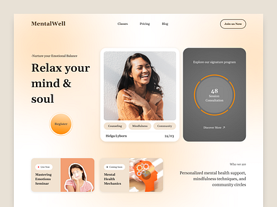 MentalWell Web Design – Relax Your Mind & Soul calming website design clean design clean layout community website digital design emotional support website landing page mental health website mental wellness platform mindfulness website responsive design ui uiux design user friendly design ux web design wellness platform