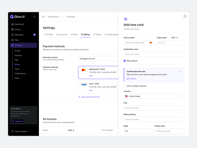 Billing Settings & Adding Card — Glow UI billing billing settings card dark mode design system drawer edit figma form glow ui product design settings sidebar tabs ui ui kit