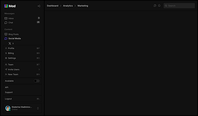 Dashboard Shell (Dark Mode) dark dashboard layout menu mode nav navigation page popover shell sidebar user