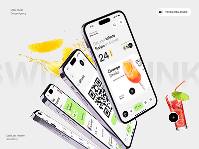 SwipeDrinks - Cashless Healthy Juice Party application business buy children drinks event family festival graphic design minimal mobile app orbix studio order party product design sharing ticket ui ux