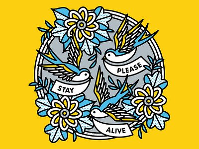 Please Stay Alive birds flowers halftone illustration monoline pop art swallows tattoo