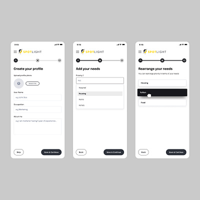 Spotlight - Onboarding appdesign clean creativedesign design draganddrop figma minimal personalizedexperience profilesetup ui uidesign userjourney ux uxdesign