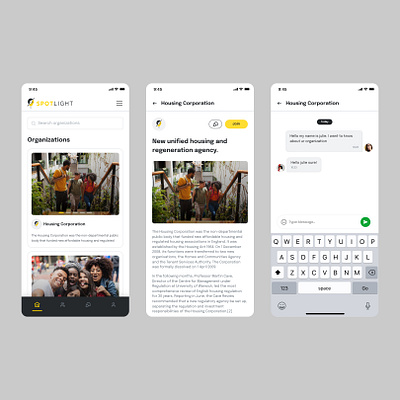 Spotlight - Discover, Connect, and Engage chatintegration clean communityconnection design figma minimal mobileappdesign organizationdirectory ui userengagement ux