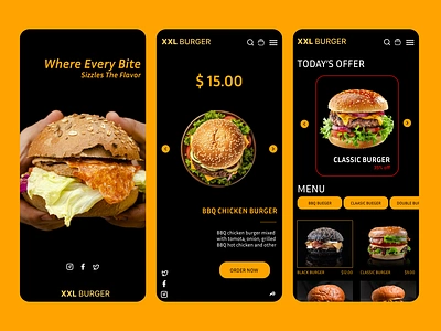 XXL BURGER - Food Delivery App UI adobe xd app design black branding burger dashboard figma food delivery food delivery app homepage landing page mobile app ui ui design user interface ux web design